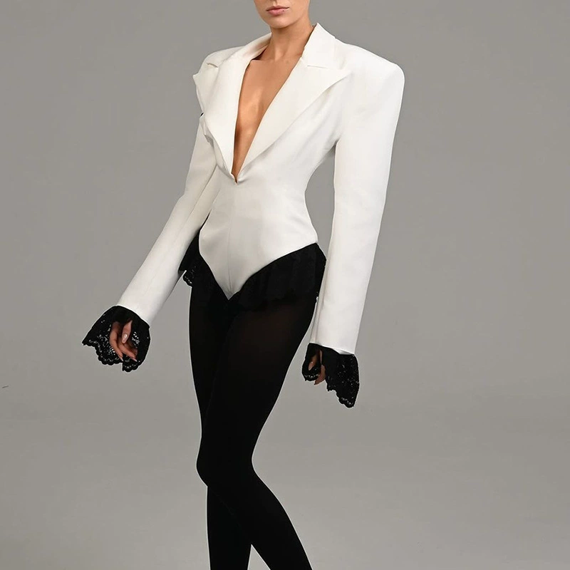 Женский кружевной блейзер-боди, демисезонный V‑вырез, подчёркнутая посадка, европейский стиль