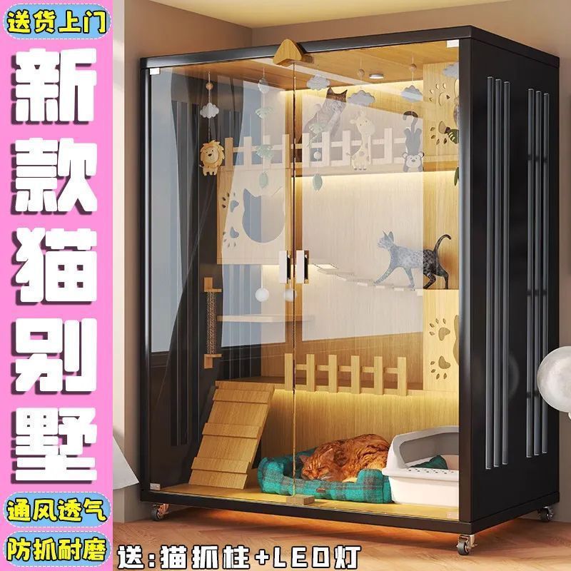 Cat Villa Home Indoor Cat House Panoramic Glass Cat Cabinet Extra Large Free Space Cat Nest Luxury Wooden Cat Cage