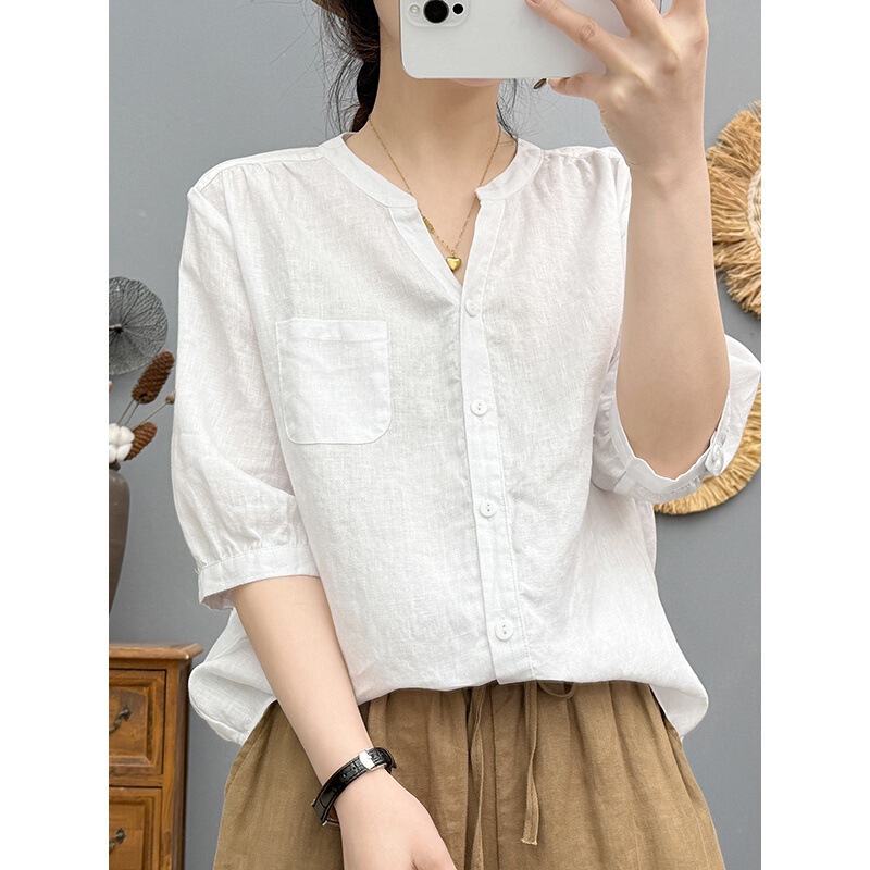 Summer New Style Full Linen V Neck Short-Sleeved Women's Shirt Loose and Versatile Casual Slimming Look Three-Quarter Sleeve Shirt Top Summer New Style Full Linen V Neck Short-Sleeved Women's Shirt Loose and Versatile Casual Slimming Look Three-Quarter Sleeve Shirt Top