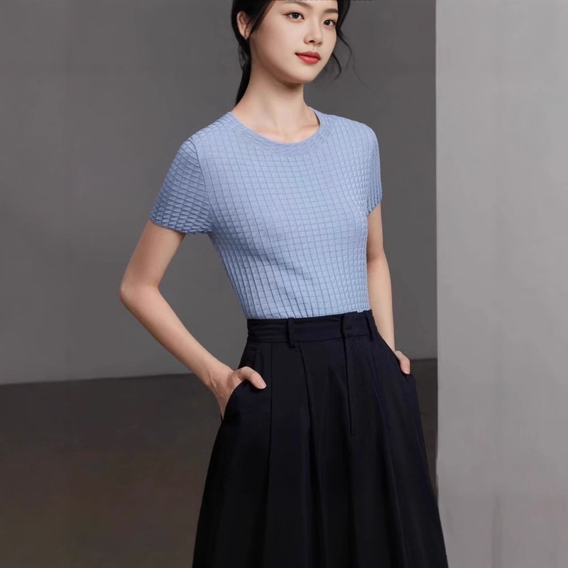 [Tencel Silk Blend] Ed Same Style Round Neck Floral Short-Sleeved Women's Summer Pleated Geometric Texture Slim Knitted T-Shirt