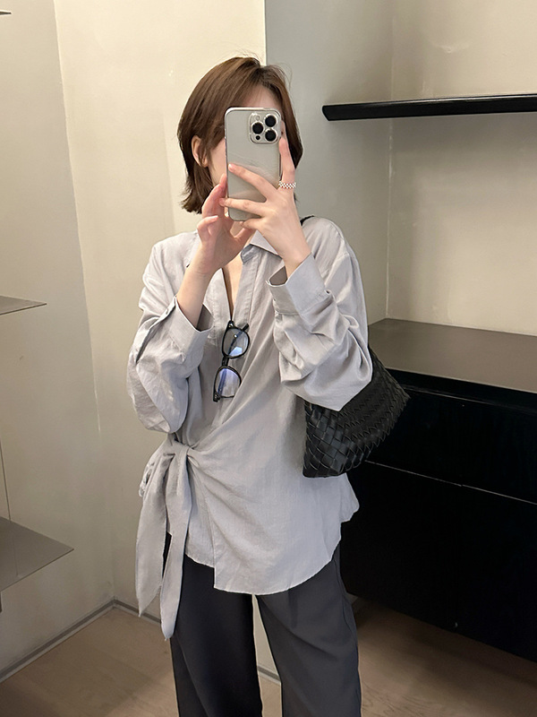 MMC长袖衬衫女秋季新款韩系高级设计感小众绑带收腰显瘦宽松衬衣|undefined