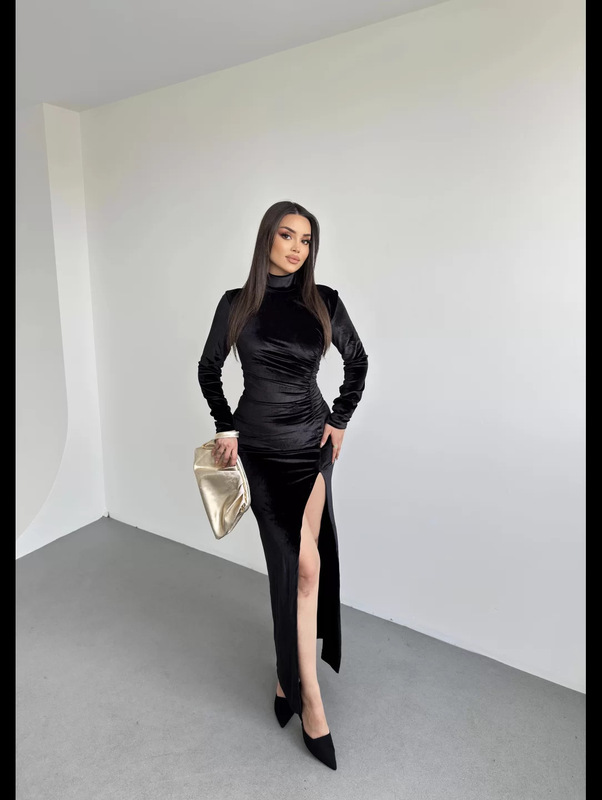 2025欧美风外贸女装秋季新款立领长袖不规则缩褶开叉金丝绒连衣裙|undefined