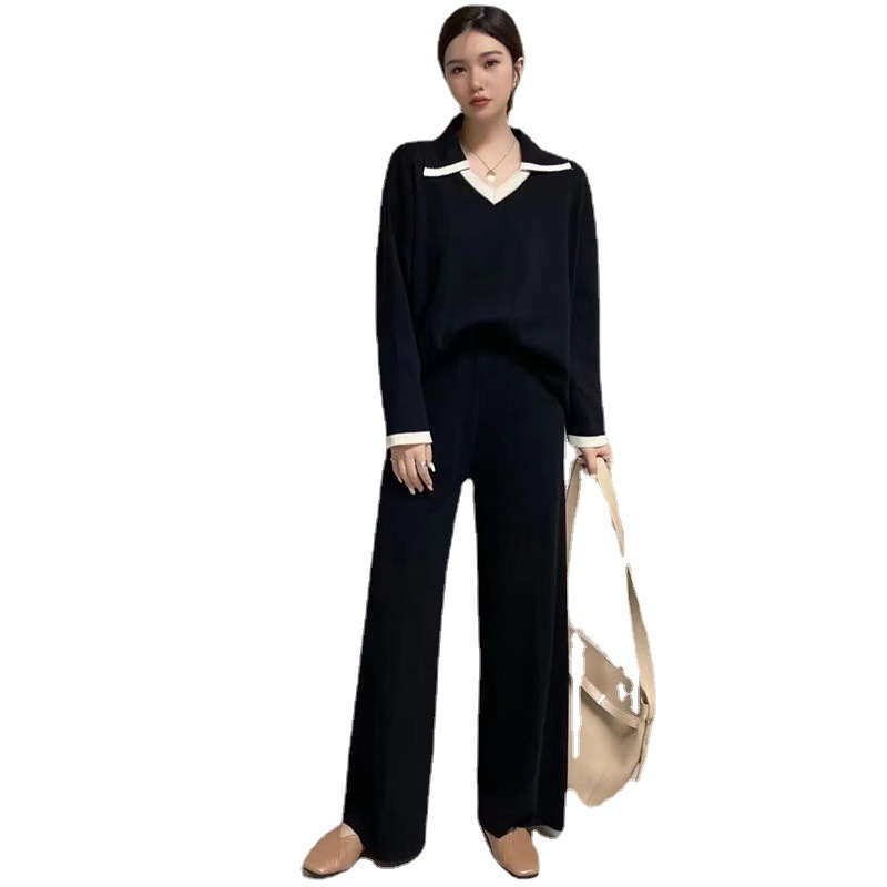 Damenbekleidung Mode Kontrastfarbe Pullover lockere Nische lässige Hose mit weitem Bein Damen Strickanzug_voghion.com