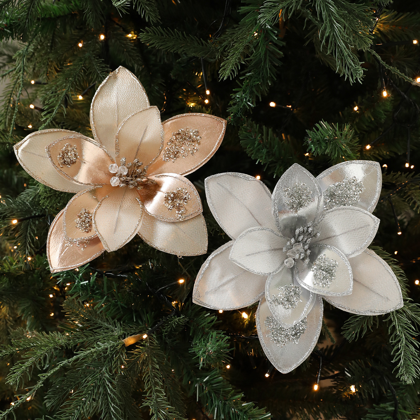 Nuevo producto 15CM tela de alta calidad flores de Navidad polvo de oro flor de polvo de polvo flor de Navidad decoración de caña de corolla