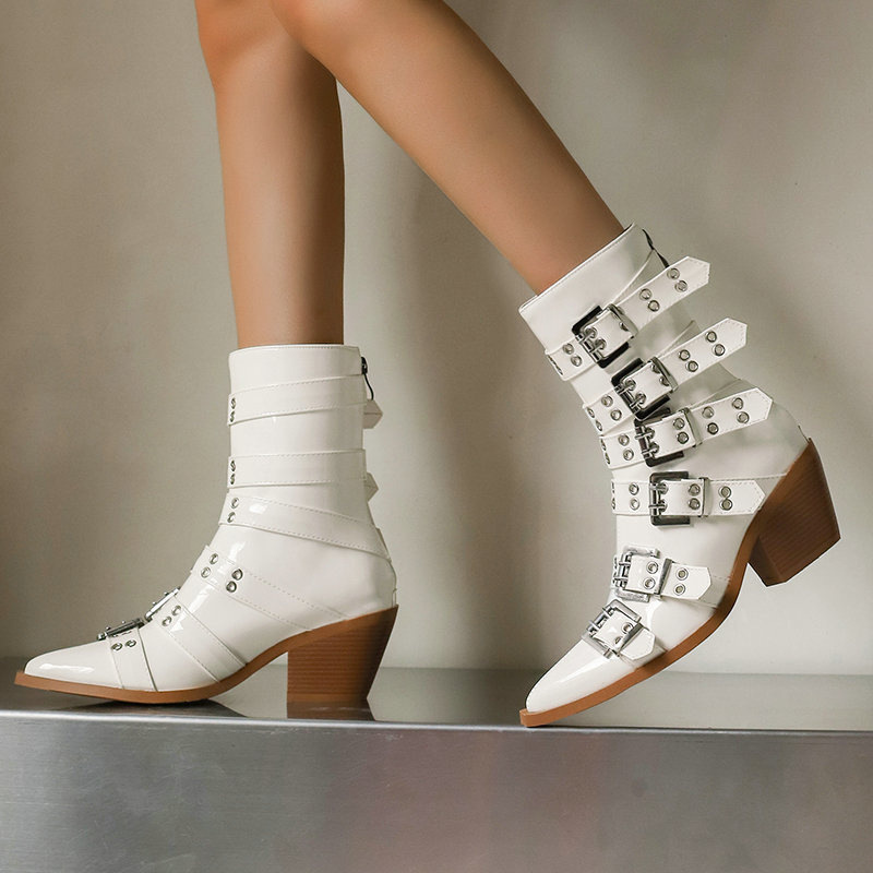 Women's Short Boots Gothic Dark Rock Buckle Thick Heel High Heel Patent Leather Pointed Toe Punk Style Chelsea Ankle Boots