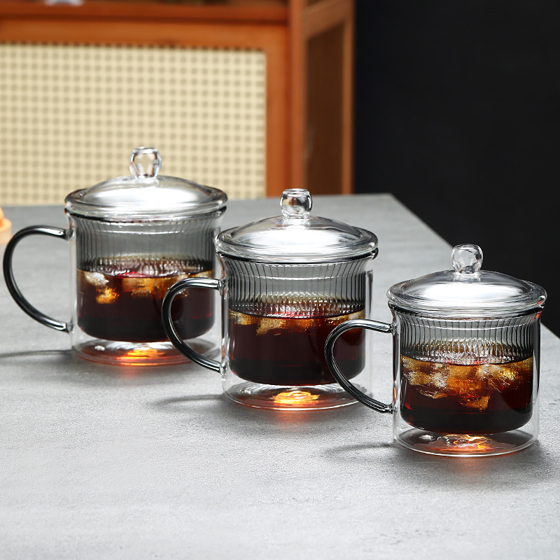 Fabricante al por mayor simple taza de vidrio de doble capa de rayas verticales transparente taza de vidrio resistente a altas temperaturas con mango taza de café de vidrio image 3
