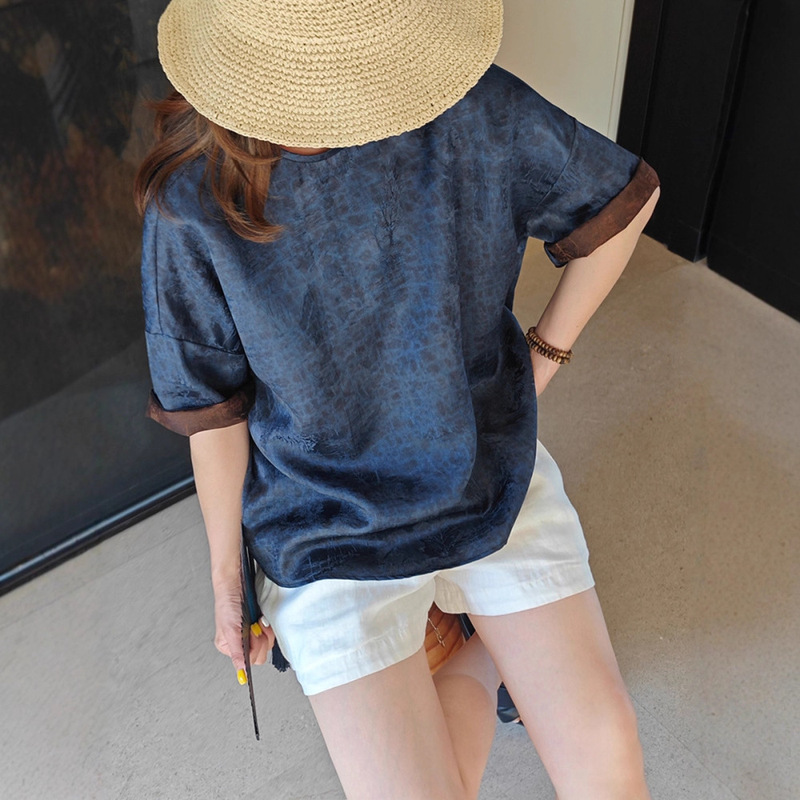 High-End Silk Xiangyunsha Blouse for Women, 2026 New Style, Jacquard Silk, Vintage Blue Dye, Chinese Style Shirt