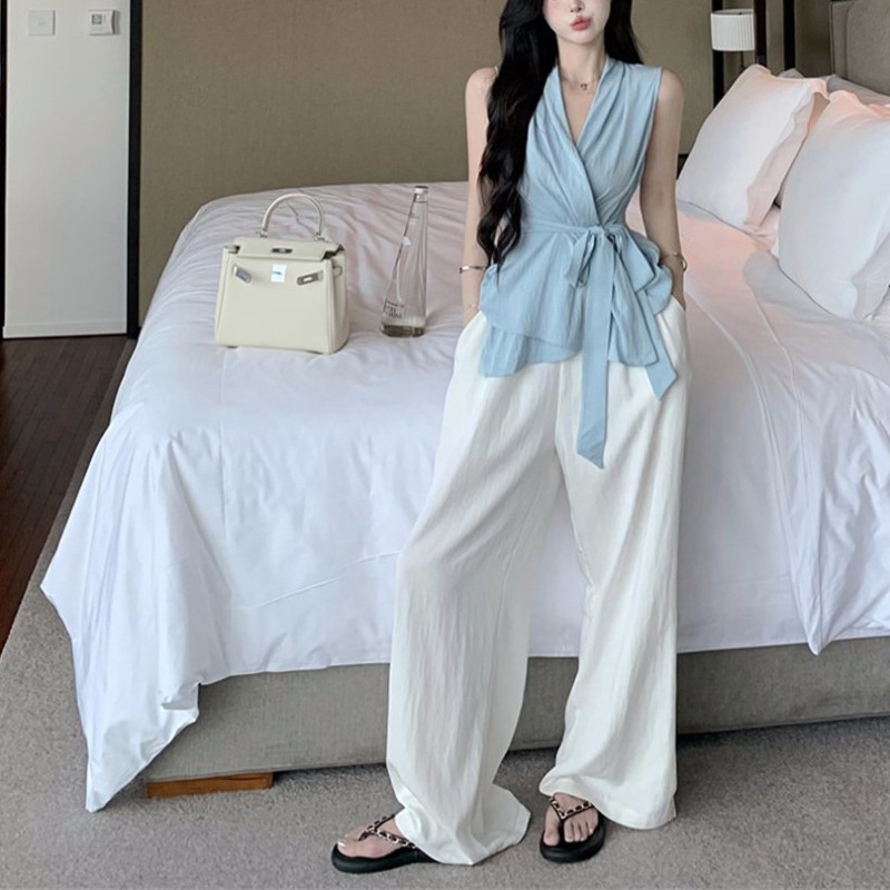 法式chic气质绑带露肩无袖衬衫女夏季高级感温柔洋气小衫收腰上衣|undefined