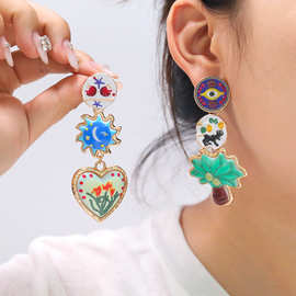 ZA欧美夸张复古爱心花卉海星印花耳环椰子树波西米亚风女跨境货源