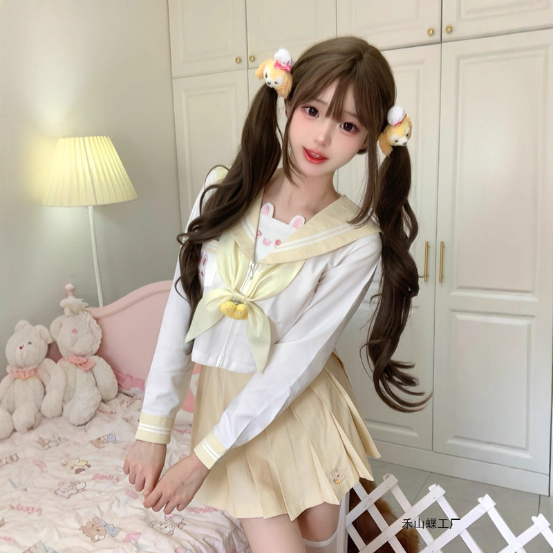 Tianke オリジナル本物の Omi ウサギ JK 制服女性の日本のカレッジスタイル甘いセーラー服半袖刺繍スカートスーツ|undefined