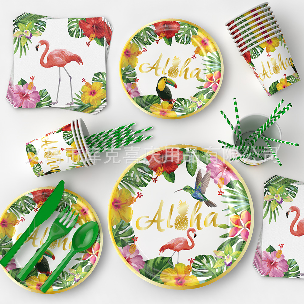 Amazon nuevo Hawaiano tema decoración del partido verano plato de papel desechable taza vajilla tire bandera traje