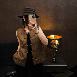 真丝交织香云纱马甲复古东方韵味新中式国风立领对襟盘口唐装马夹