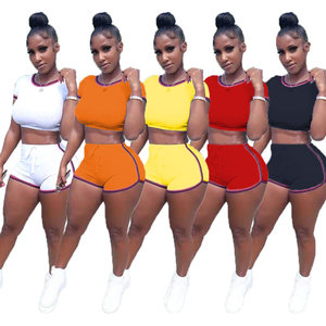 product - wholesale Women Clothing Solid Color Cotton Fabric Ribbon Sports Slim-Fitting Shorts Two-Piece Set - 5