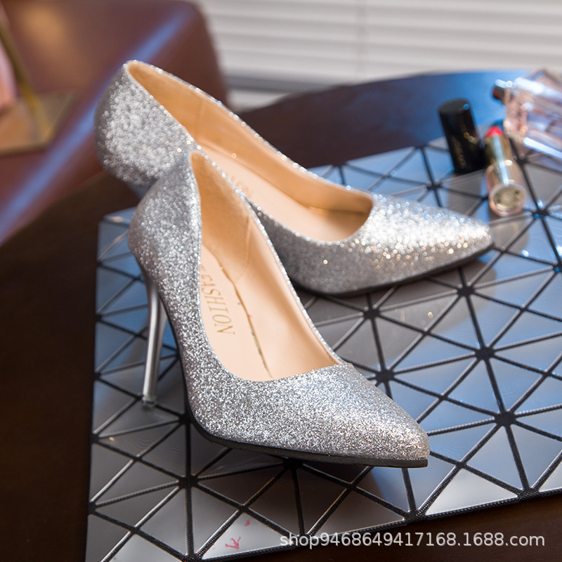 Single Shoes Women's silver High Heels Glitter Powder Pointed Stiletto Heel Champagne Gold Annual Party Banquet Black Evening Dress Bride Wedding Shoes