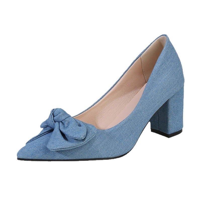 Lente Lage Uitsnijding Strik Dikke Hak Puntige Neus Hoge Hakken voor Dames Plus Size Elegante Denim Modieuze Export Schoenen_voghion.com