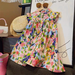 2023夏裝新款兒童莫奈花園連衣裙女童小飛袖碎花洋氣公主背心裙子