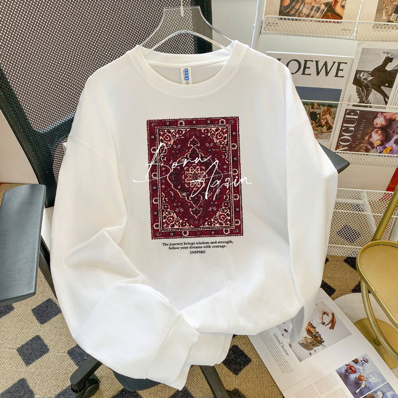 綿100%の長袖Tシャツ、レイジースタイル、多用途、ヨーロッパとアメリカンスタイル、初秋のファッションプリント、シックなレトロトップス、トレンディ|undefined