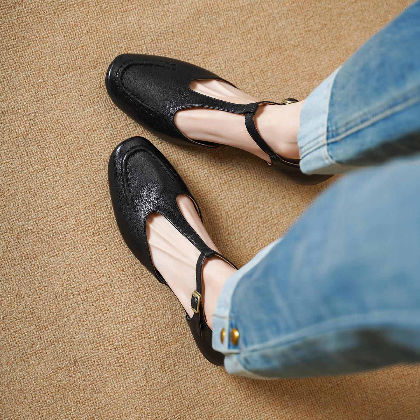 Sandal nữ cao gót mũi nhọn quai chữ T da cừu, gót 5 cm — đen