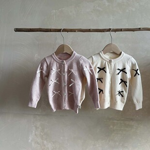 Autumn Baby Clothes Girls Korean Bow Knitted Cardigan Newborn Sweater Coat Sweet Top for Outer Wear