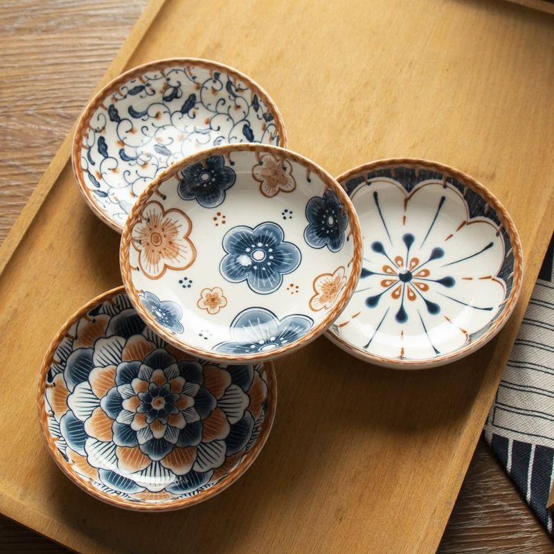 Sauce Dish (Japanese-style) Ceramic Under-Glaze Vine Pattern, Small Dipping Plate, Assorted Designs