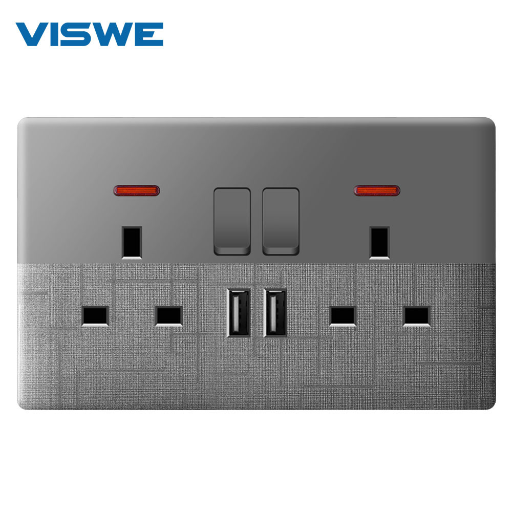 灰色PC面板港版带USB英式墙壁插座 86型146型13A多三孔多五孔