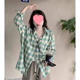 小红书爆款批发法式绿色格子衬衫外套女春秋新款polo领长袖衫中长