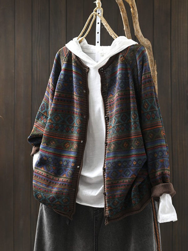 Cotton Knit Cardigan for Women 2026 New Autumn Vintage Print Artistic Korean Style Early Autumn Outfit Long-Sleeve Cardigan
