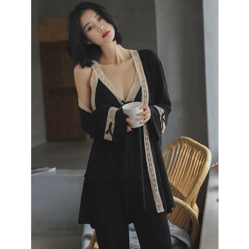 New Modal Three-Piece Pajamas, Feminine Suspenders, Spring and Autum Long-Sleeved Pajamas with Breast Pads, Home Clothes, Summer