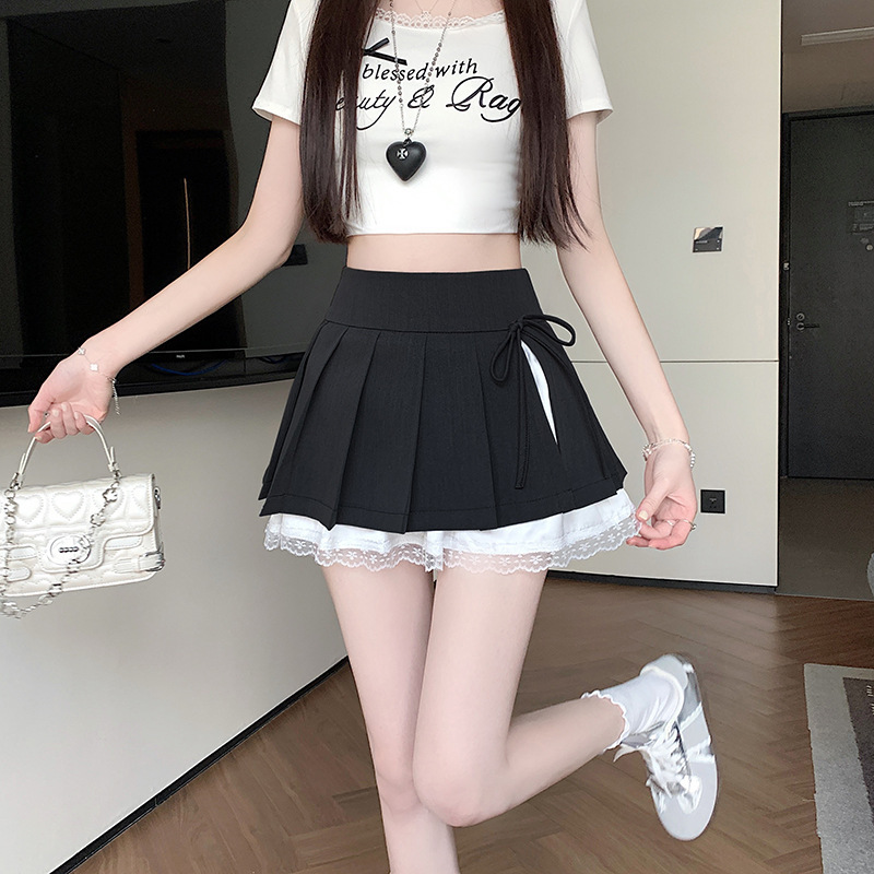 纯欲蕾丝花边拼接百褶半身裙女夏季辣妹小众蝴蝶结设计感A字短裙|undefined