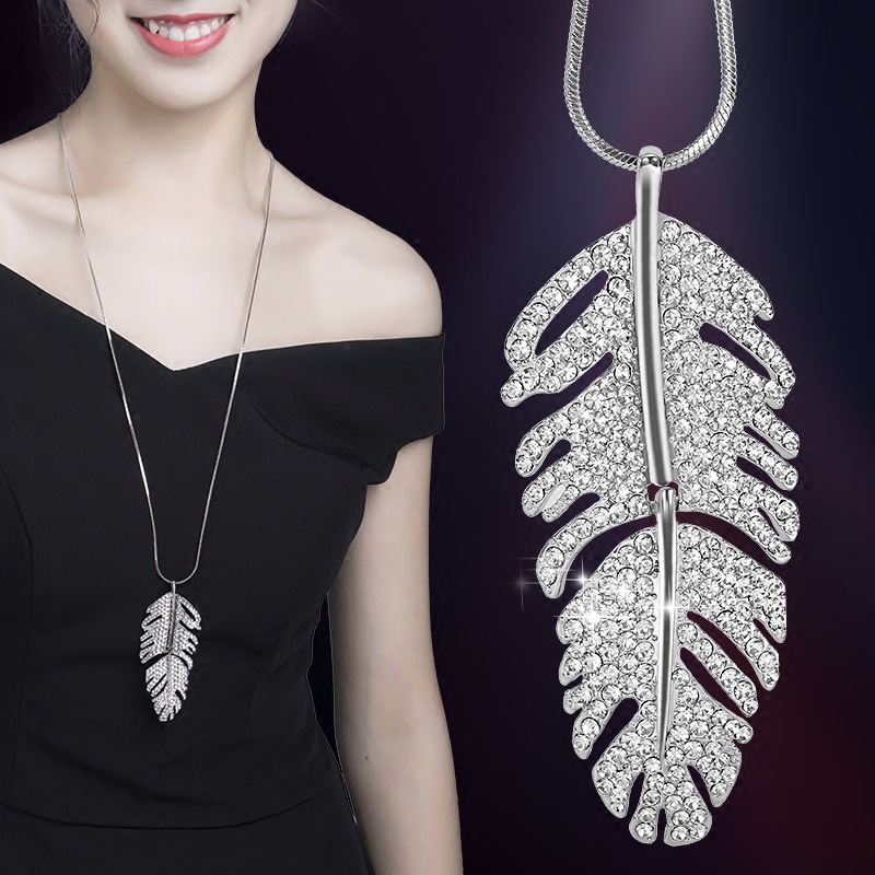 Koreau0027s new flash diamond feather long style sweater chain necklace jewelry pendant wholesale