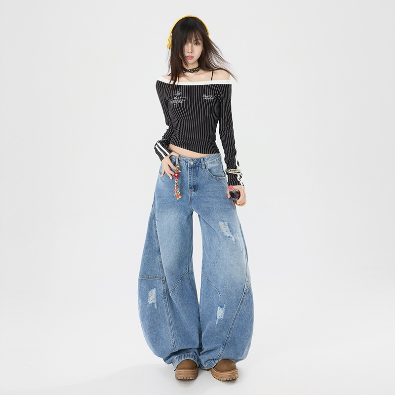 Orange Silk Women's Wear# American Style Vintage Profile Scimitar Jeans Men and Women's Loose vintage Deconstructed Washed Wide-leg Pants