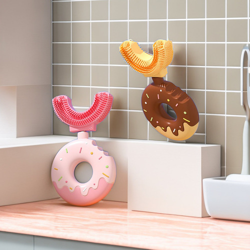 Children's Silicone Donut U-shaped Toothbrush for 2-14 Years Old, Cartoon Manual Food-Grade Silicone Toothbrush with Soft Bristles