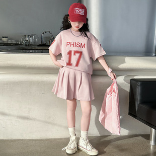 New Korean Girls' Summer Sports Suit 2025 New Children's Short-Sleeved Skirt Two-Piece Set