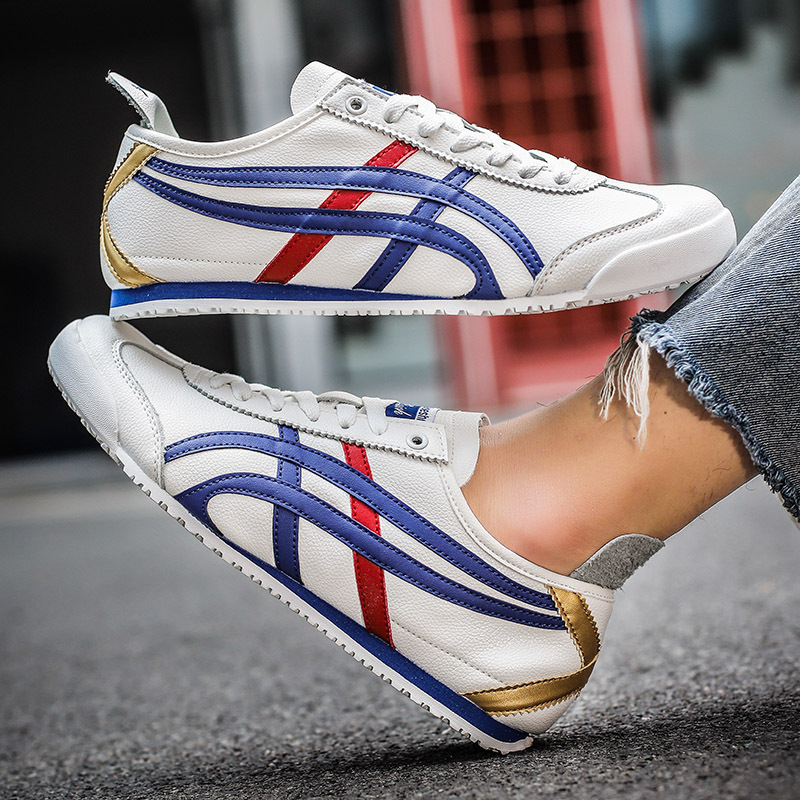 Couple's genuine leather casual sneakers trendy versatile high quality sports white shoes breathable striped low-top men's shoes