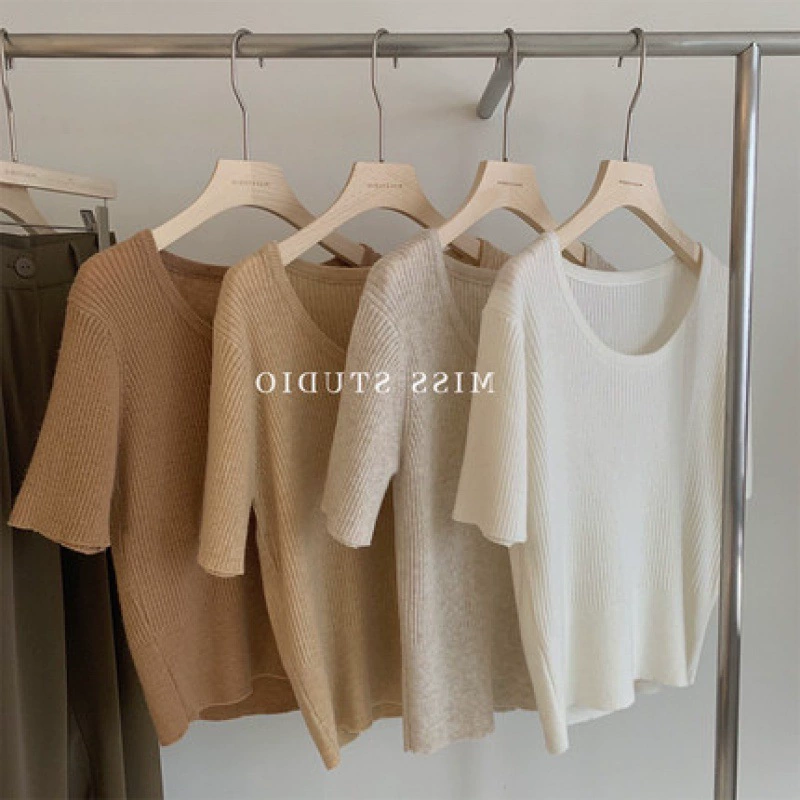 Женская свободная льняная футболка с короткими рукавами и большим вырезом, летняя новинка, Вязаный топ с круглым вырезом и ключицей в Корейском стиле, Женский Нежный Топ