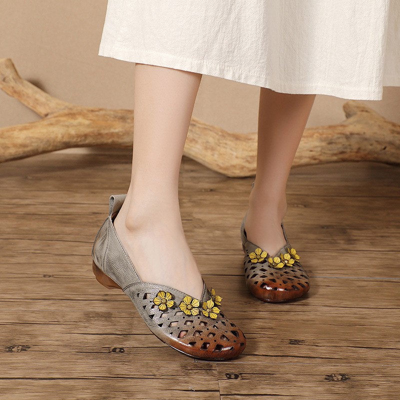 Caimao 2025 New Ethnic Style Genuine Leather Flat Soft Sole Women's Shoes Cowhide Retro Cut Out Flats Hole Shoes