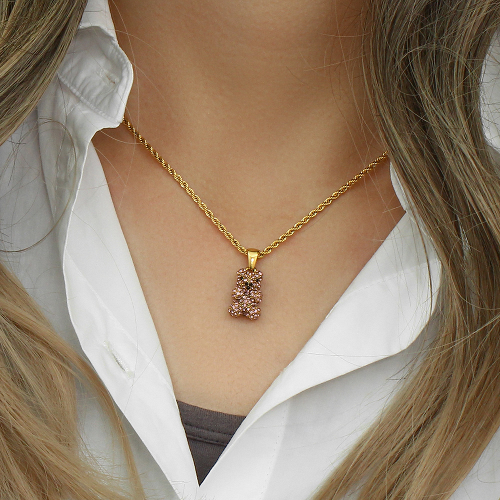 Fashion Cool Animal Female Plated 18K Gold Twist Bear Pendant Stainless Steel Necklace