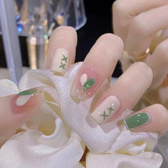 Fresh and Elegant Style Nail Stickers: White & Green Patchwork with Glittery Sequins – Student-Friendly, Removable, Wearable Fake Nail Tips Available for Wholesale