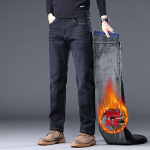 高端保暖加绒男士牛仔裤秋冬直筒宽松商务百搭显瘦休闲弹力裤子男