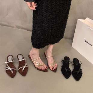 Thick Heel Silver French Pointed Toe Thin Strap Sandals Fairy Shoes 2025 New Summer with Skirt Thong Roman Shoes