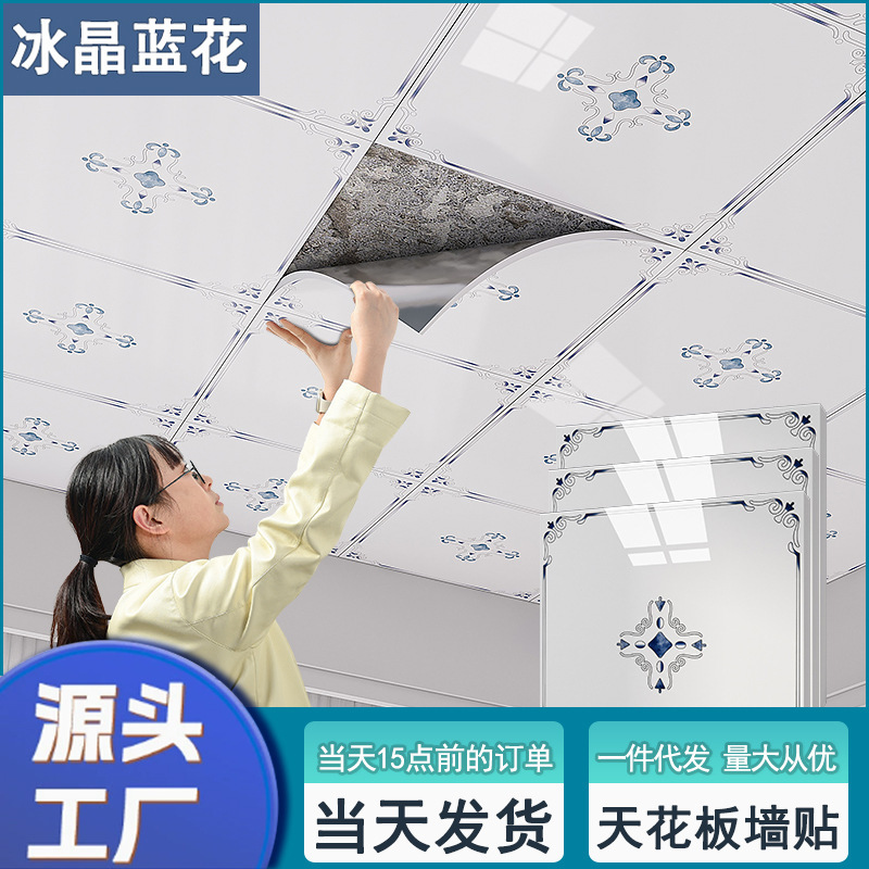 Ceiling Stickers, Self-Adhesive Wallpaper, Bathroom Ceiling Cover-Up Decoration, Bedroom Kitchen Roof Moisture-Proof Imitation Aluminum-Plastic Board