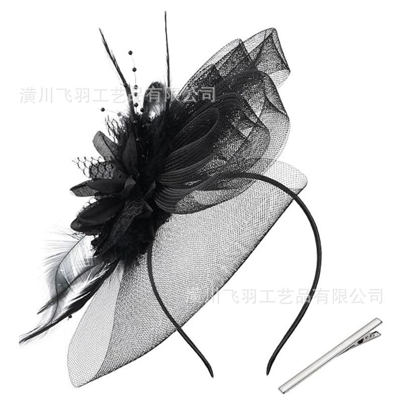 European and American bridal floral headpiece, mesh feather mini top hat, women's hair accessory, hair clip, stage party headwear