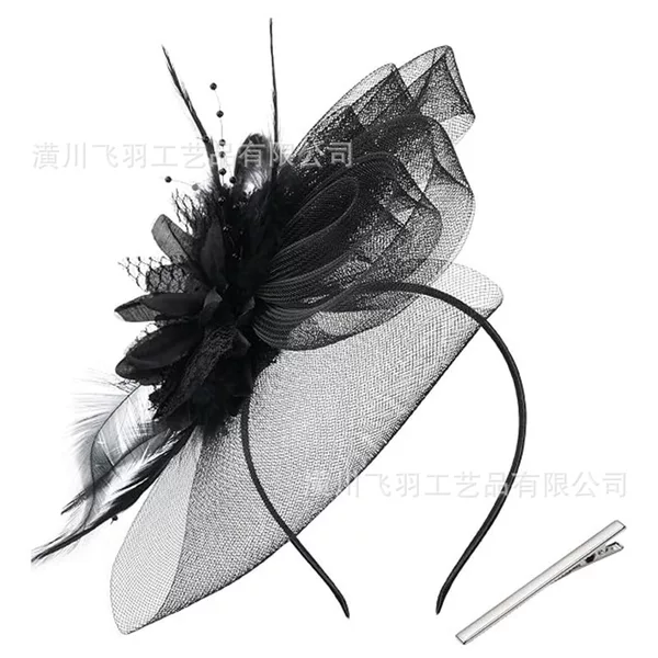 European and American bridal floral headpiece, mesh feather mini top hat, women's hair accessory, hair clip, stage party headwear