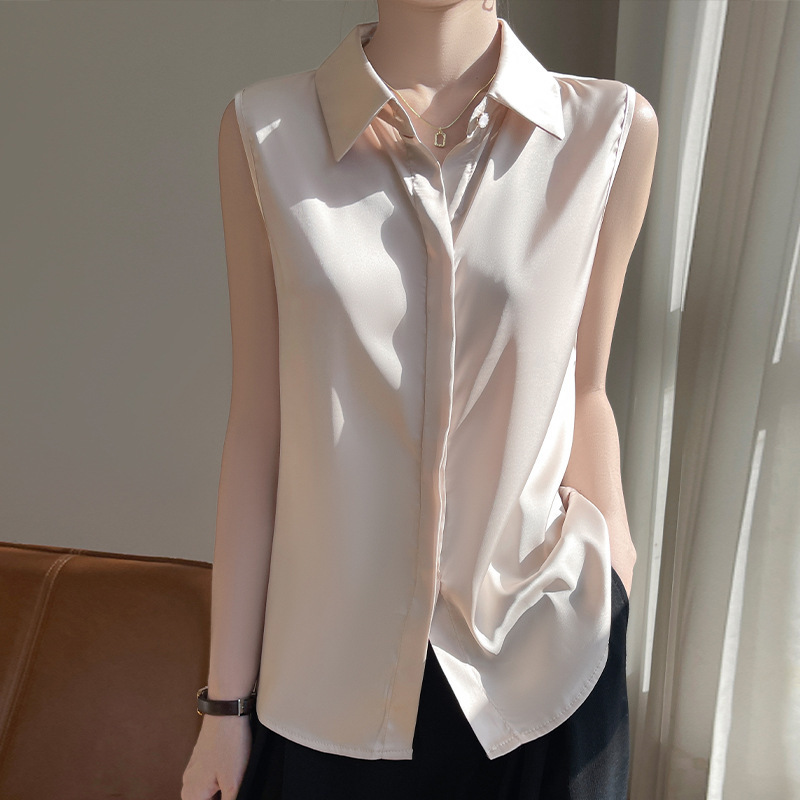 Acetic Acid Satin Lapel Sleeveless Inner Vest Shirt Women's 2025 Summer New Base Outer Shirt Women