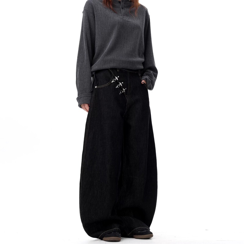 2026 American Retro Style Black Wide-Leg Jeans with Airplane Buckle Closure, Unisex Design, Loose-Fitting Pants