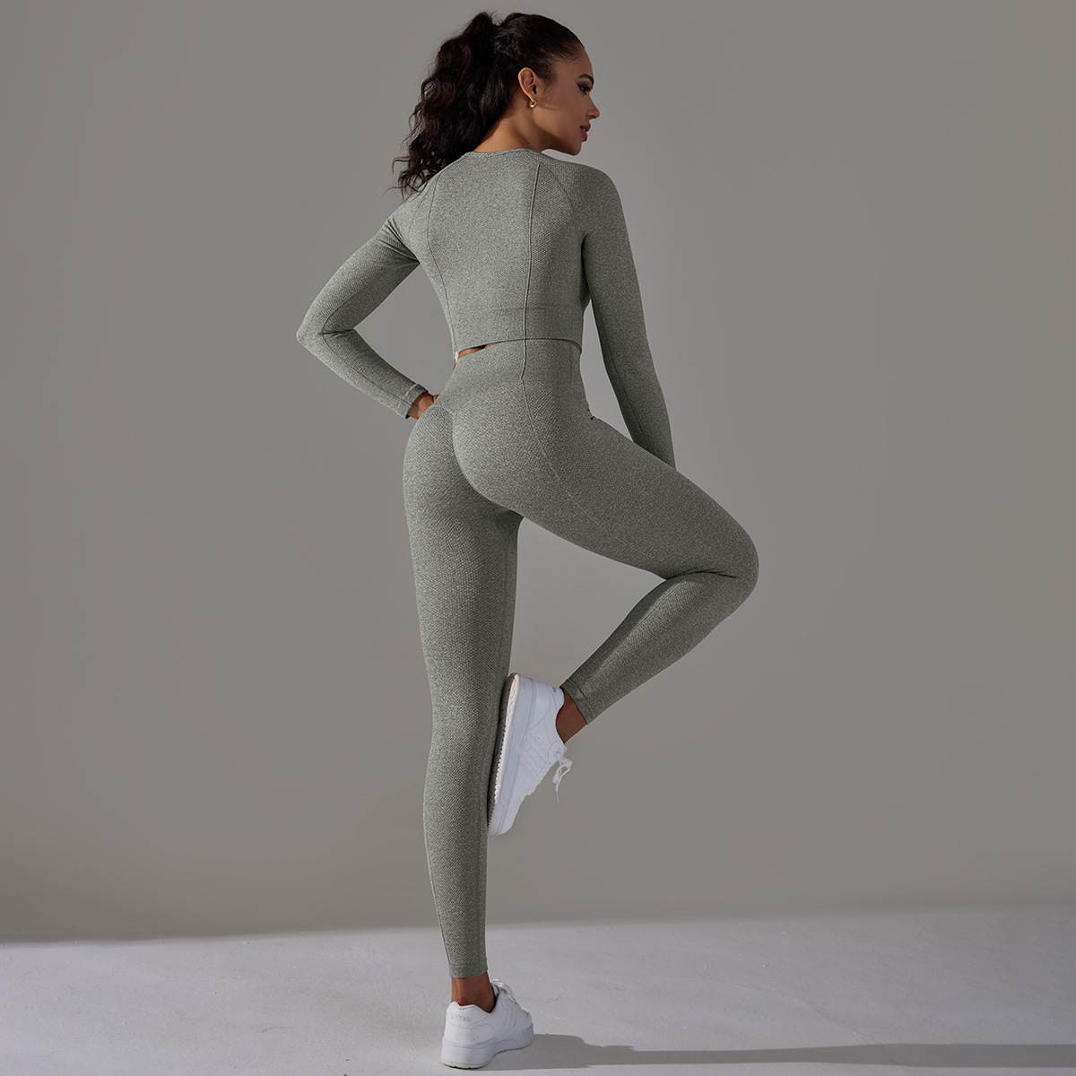 Women's Jacquard Yoga Dress Long Sleeve Suit High Waist Hip Tights Fitness Sportswear_voghion.com