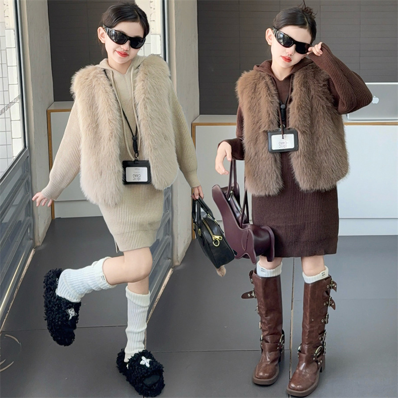 女童秋冬加绒加厚毛衣套装2025新款韩系女孩皮草马甲毛衣裙两件