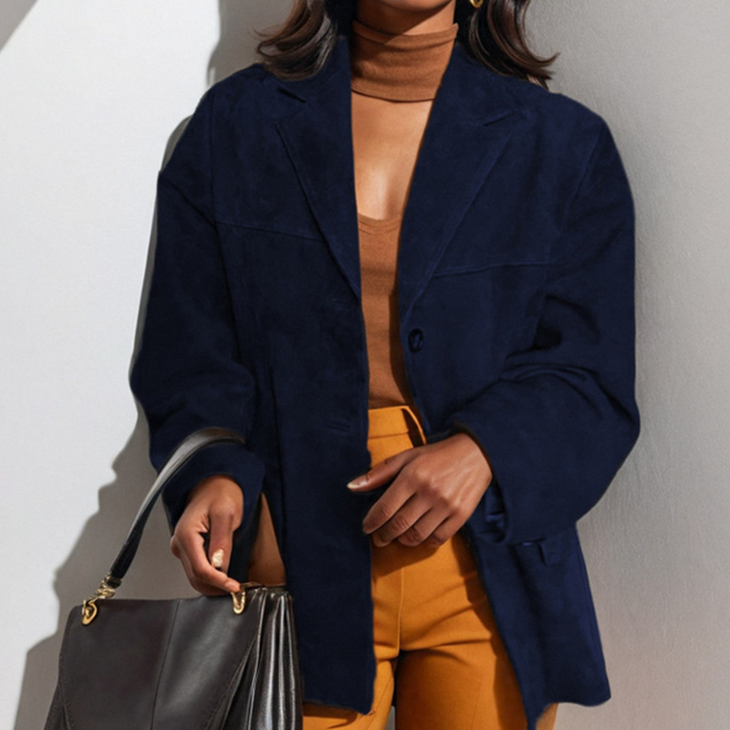 Women's Stylish Vintage Brown Loose-Pocket Long-Sleeved Suit Jacket_ecoleips.com