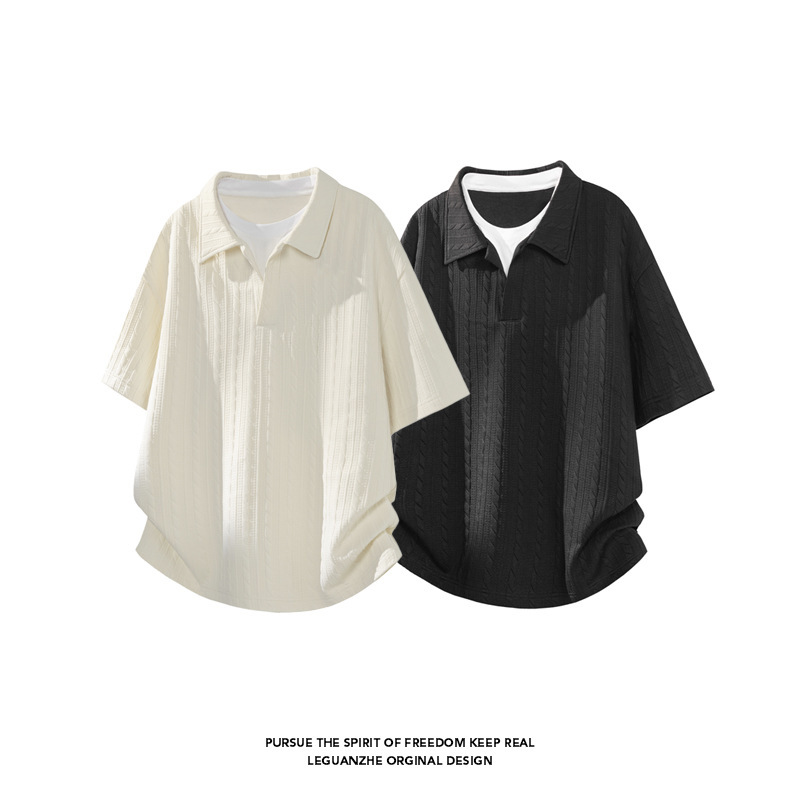 Polo Shirt with Wheat Ear Pattern Texture, American Retro Trendy Brand, Cool and Stylish for Teenagers, Fake Two-Piece Short-Sleeve T-Shirt, Long-Sleeve