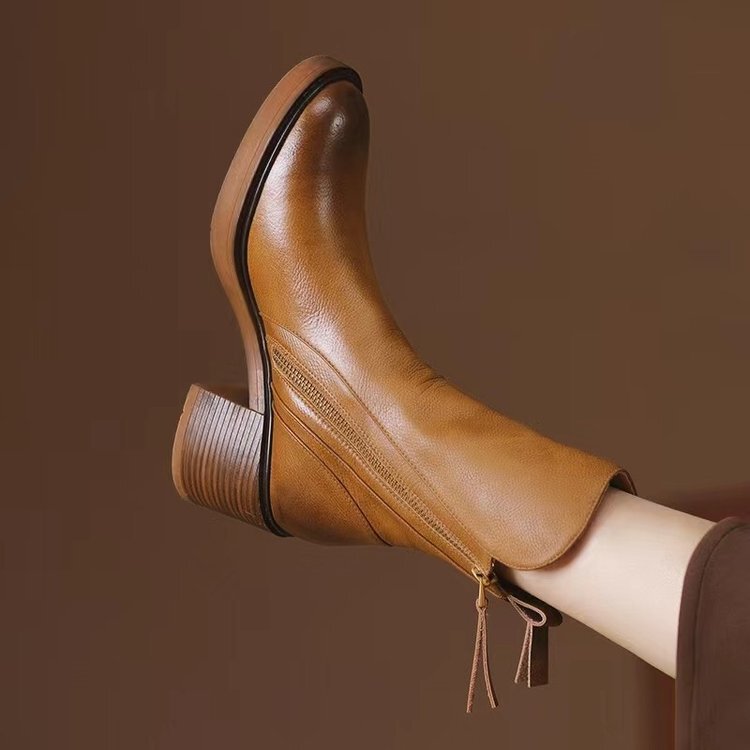 4142 Size Chelsea Boots Autumn Thick Heel Brown Short Boots Women's British Style Handsome Retro Old Color Martin Boots Women
